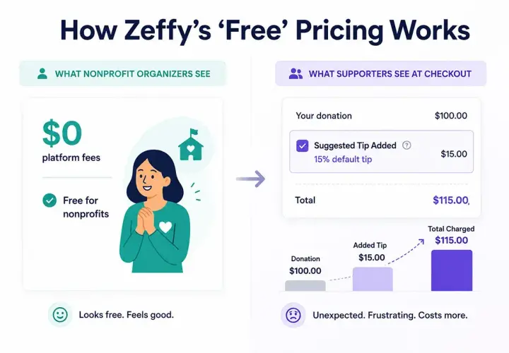 Zeffy offers free online ticket sales for nonprofits, showing $0 platform fees to organizers. Supporters see a donation plus a suggested tip, leading to unexpected costs.