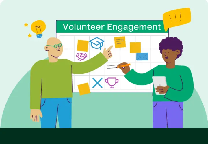 Two people are communicating with volunteers, planning activities on a whiteboard with icons for graduation, handshake, and awards.