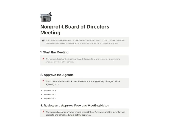 A nonprofit board meeting agenda template outlines key discussion points like starting the meeting, approving the agenda, and reviewing previous notes.