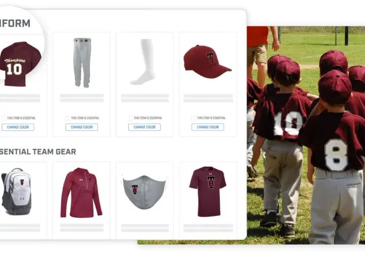 Young baseball players in maroon uniforms, perfect for youth football fundraising ideas. The screen shows uniform options like jerseys, pants, and caps.