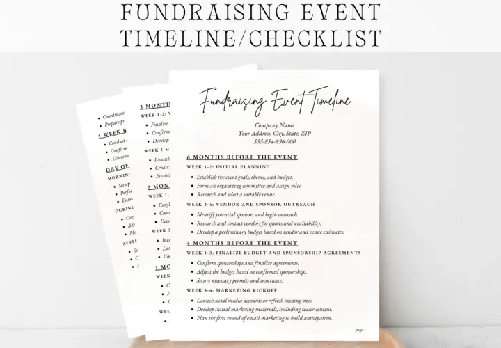 Fundraising event timeline and checklist, detailing tasks from 6 months to day-of.