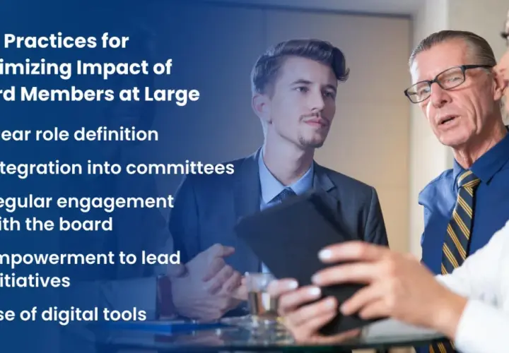 Best practices for maximizing impact of board members at large: clear roles, committee integration, regular engagement, empowerment, and digital tools.