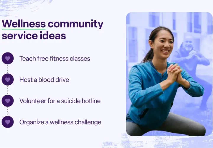 Ideas for wellness community service projects include teaching fitness, hosting blood drives, volunteering for hotlines, and organizing challenges.