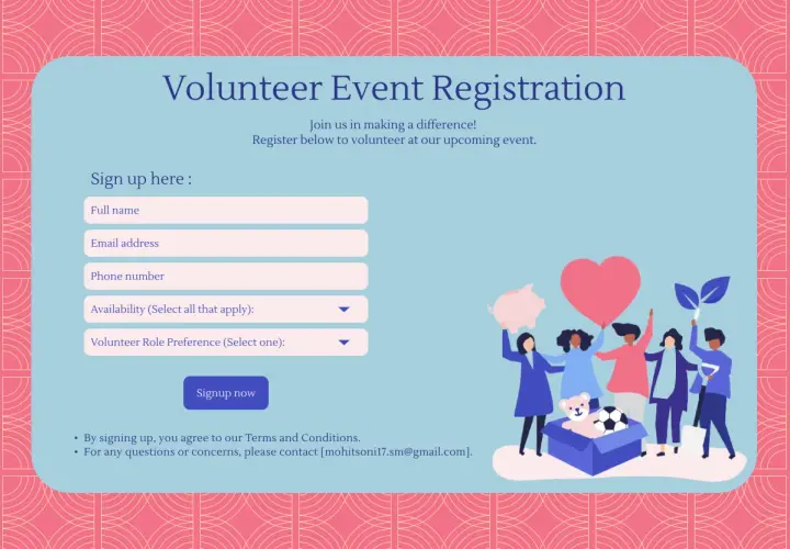Volunteer website design for event registration. A form asks for name, email, phone, availability, and role preference. Illustrated volunteers hold a heart, piggy bank, and plant.