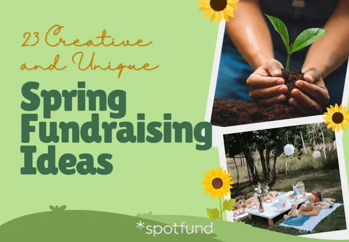23 Creative and Unique Spring Fundraising Ideas. Image shows hands planting a seedling and a picnic setup.