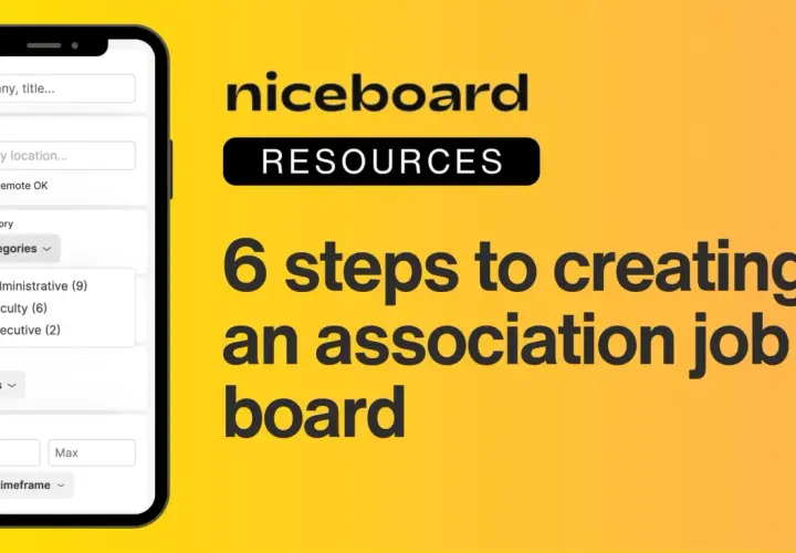 A phone screen shows job search filters for board member jobs. The text "6 steps to creating an association job board" is prominent.