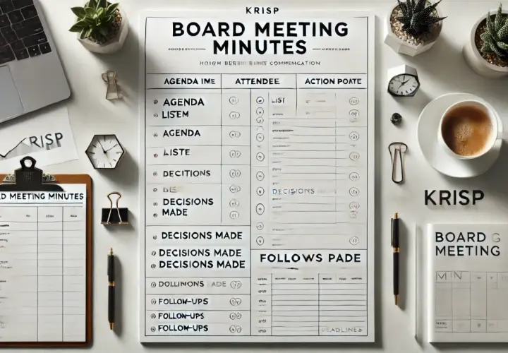 A desk setup for a board meeting, featuring a laptop, coffee, and a document titled "Board Meeting Minutes" with agenda items and action points.