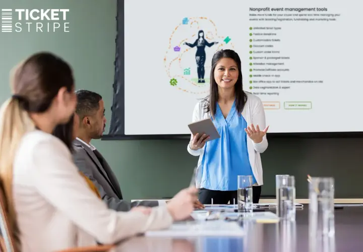 A presenter explains nonprofit event management tools, highlighting features for free event tickets for nonprofit organizations.