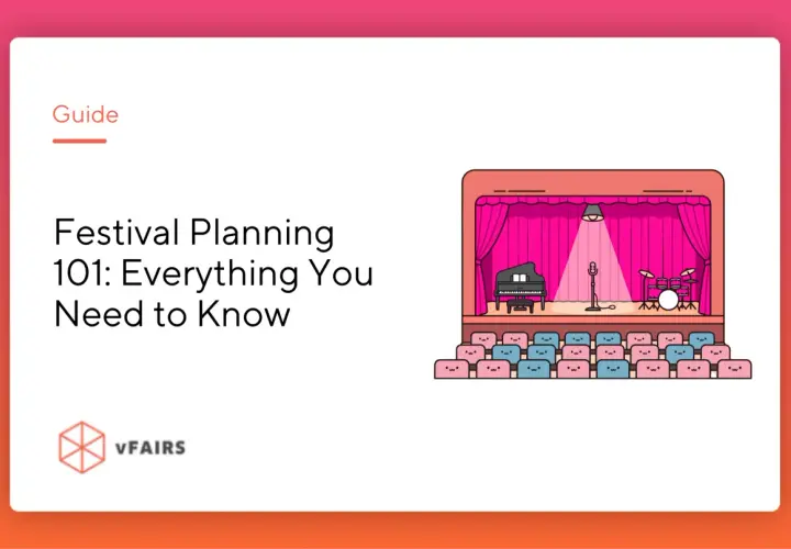 Guide to festival planning: a stage with a piano, microphone, and drums, and rows of cute audience seats. Learn how to start a festival!