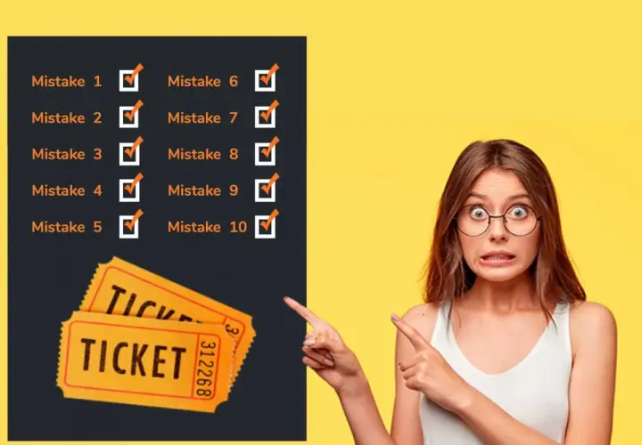 Woman points to a list of mistakes and raffle tickets, illustrating how to sell raffle tickets effectively.