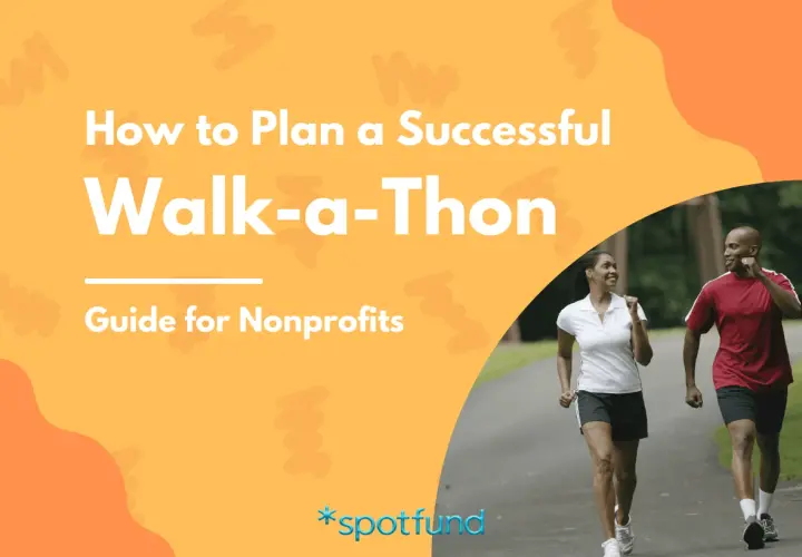 A couple walks on a path, smiling. Text reads "How to Plan a Successful Walk-a-Thon." This image is a guide for nonprofits planning a walk-a-thon fundraiser.