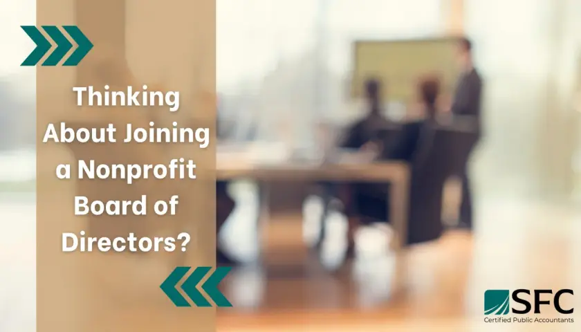 Considering serving on board of directors? This image shows a blurred background of people in a meeting, with text asking "Thinking About Joining a Nonprofit Board of Directors?".
