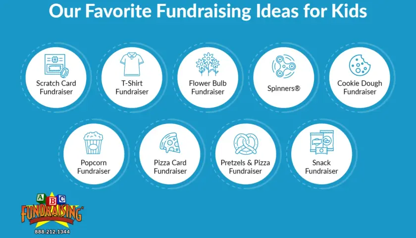 Discover free fundraising ideas for kids: scratch cards, t-shirts, flower bulbs, spinners, cookie dough, popcorn, pizza, pretzels, and snacks.
