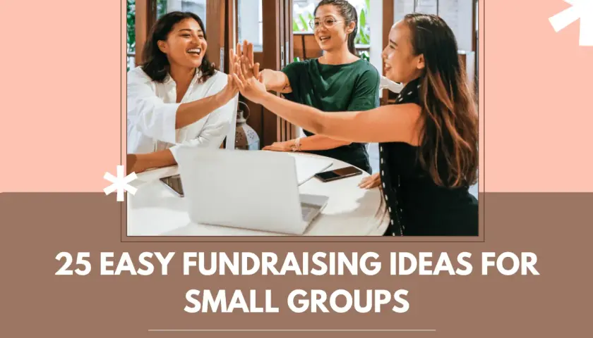 Three women high-five over a laptop, celebrating success. Discover 25 easy fundraising ideas for small groups to achieve their goals.