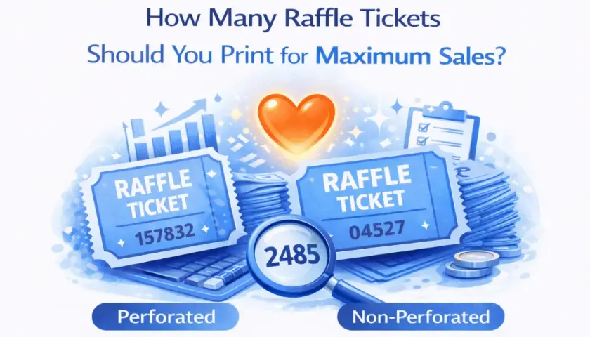 Illustration about maximizing sales for fundraising raffles, showing perforated and non-perforated tickets, a calculator, and coins.