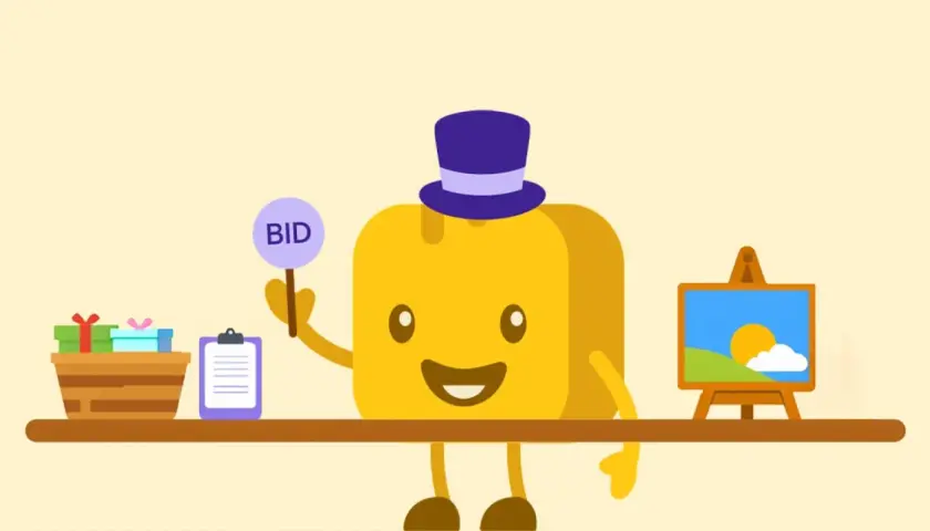 A cheerful yellow character in a top hat holds a "BID" sign, ready for the 32 auction. Gifts and a painting are displayed.