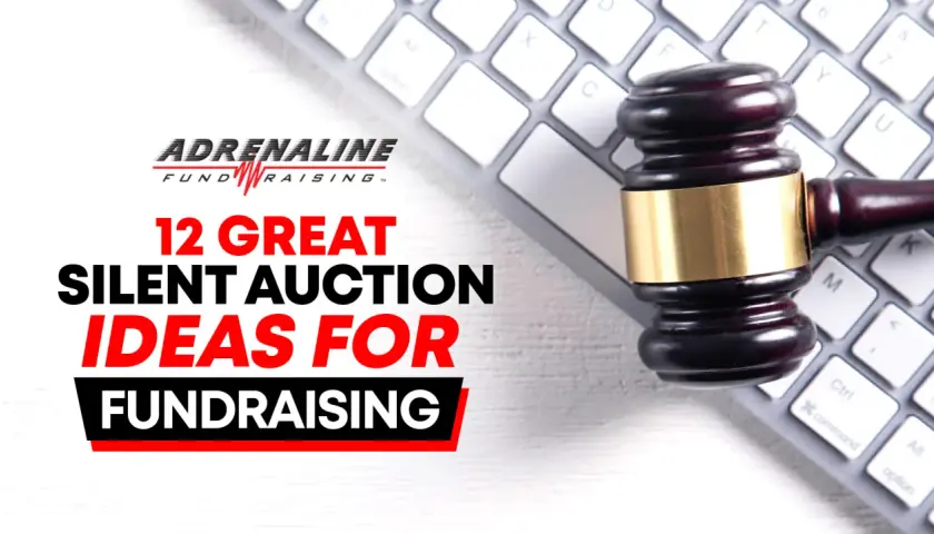 Gavel on a keyboard, with text "12 Great Silent Auction Ideas for Fundraising.