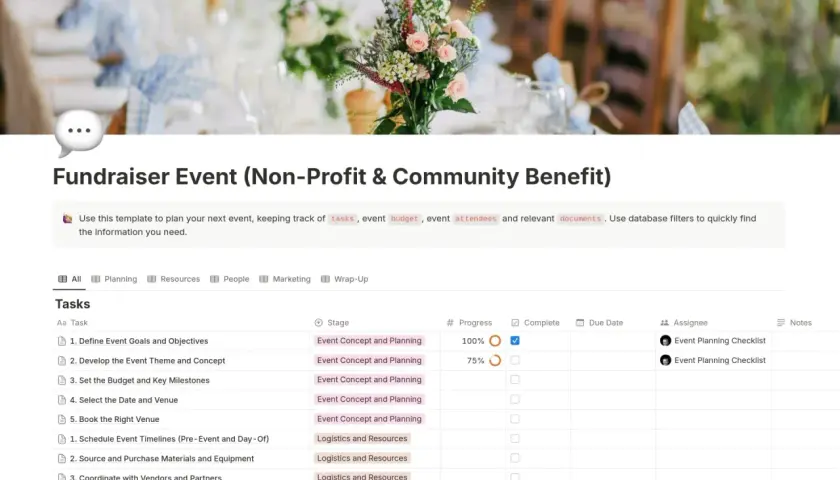 Nonprofit gala template for planning a fundraiser, tracking tasks, budget, and attendees.