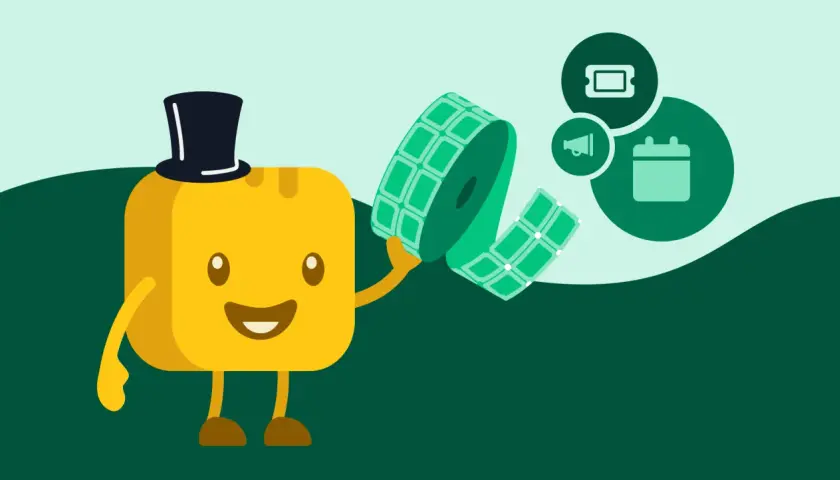 A cheerful yellow character in a top hat holds a roll of tickets, ready for a reverse raffle event. Icons for a ticket, megaphone, and calendar are nearby.