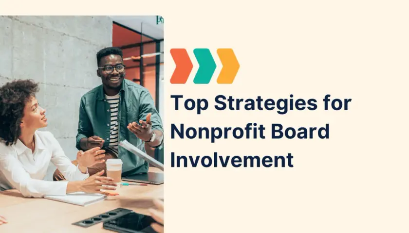 Diverse team discussing strategies for nonprofit board engagement. Text overlay: "Top Strategies for Nonprofit Board Involvement.
