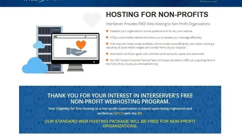 InterServer offers free website hosting for nonprofits, featuring a customizable site, one-click scripts, and unlimited resources.