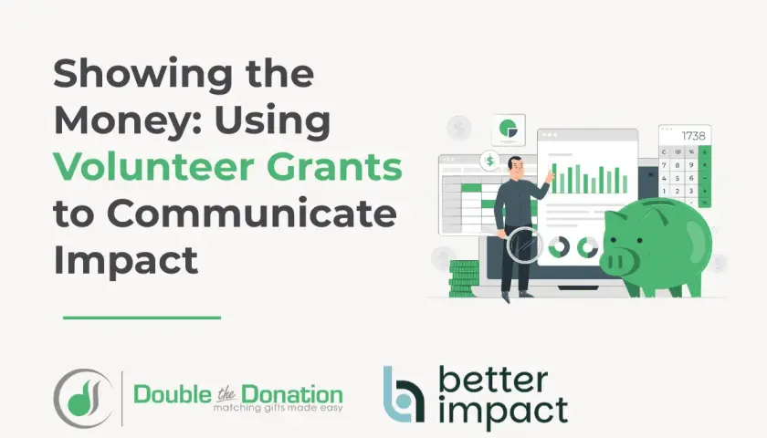 Illustration showing a man analyzing financial data, a piggy bank, and a calculator, symbolizing managing volunteers and communicating impact through volunteer grants.