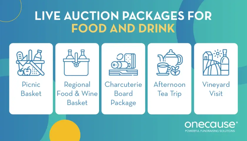 Live auction packages for food and drink: picnic basket, regional food & wine basket, charcuterie board, afternoon tea trip, and vineyard visit.