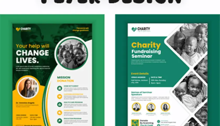 Two charity fundraiser flyer designs featuring children's faces and calls to action for donations and seminars.