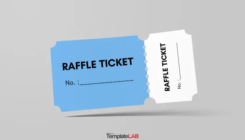 Two raffle ticket templates, one blue and one white, are shown against a light gray background.