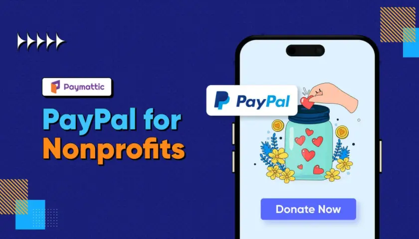 Paymatic presents PayPal for Nonprofits. A hand drops a heart into a donation jar on a phone screen, symbolizing easy giving.