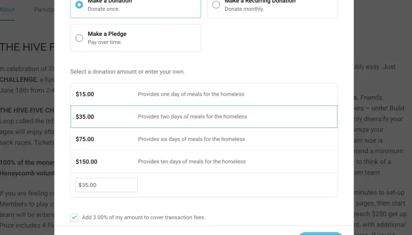 A PayPal donation form for "The Hive Five Challenge" allows users to select donation amounts like $15, $35, $75, or $150 to provide meals for the homeless.