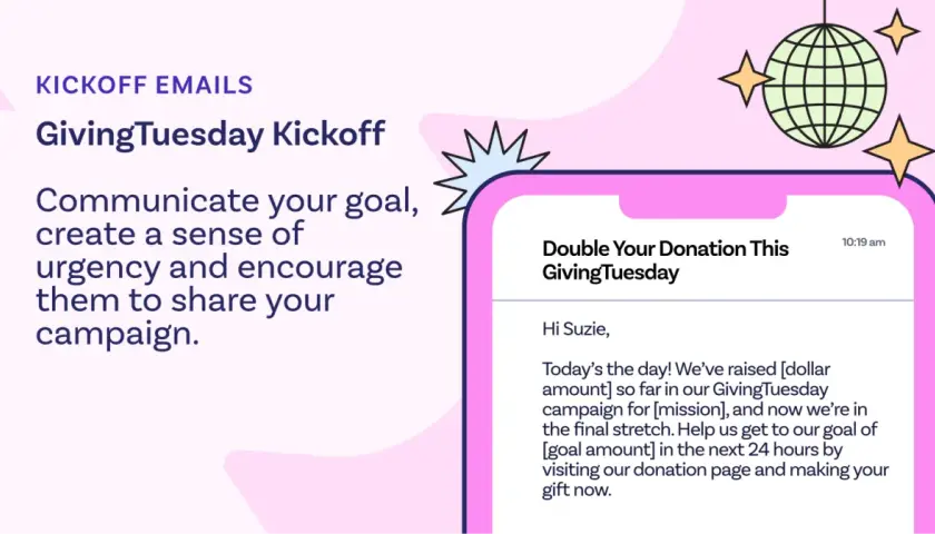 GivingTuesday kickoff email example, showing how to create urgency. This is the best time to send giving tuesday email.