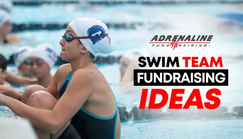 Young swimmers in a pool, ready for action. The image promotes swim team fundraising ideas.