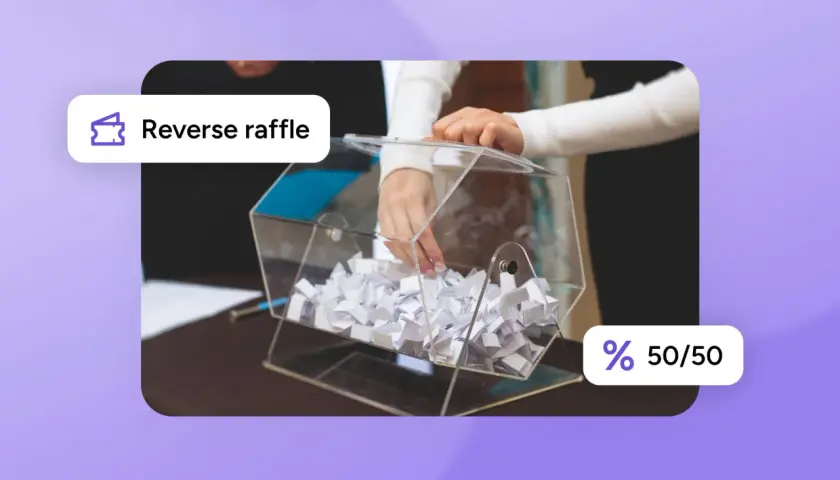 Hands draw slips from a clear box filled with paper, suggesting a raffle game. A "Reverse raffle" label and "50/50" icon are visible.