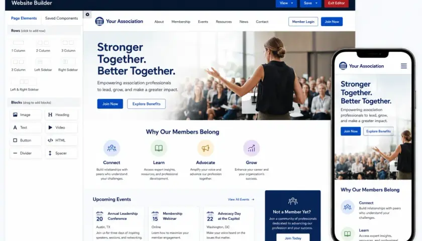 A website builder interface for association website platforms, showing drag-and-drop elements and a preview of a responsive site.