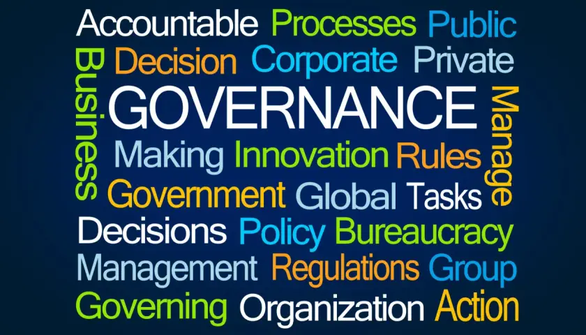 Word cloud illustrating governance team roles and responsibilities, featuring terms like "Accountable," "Decision," "Management," and "Action.