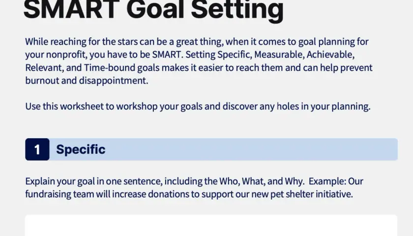 SMART goal setting for nonprofits, with an example of specific fundraising goals for a pet shelter.