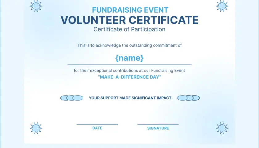 Volunteer certificate for a fundraising event, acknowledging outstanding commitment. This could be for online volunteering opportunities with a certificate.