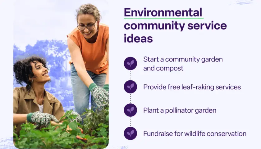 Two women gardening, illustrating different types of community service like starting a garden or planting for pollinators.