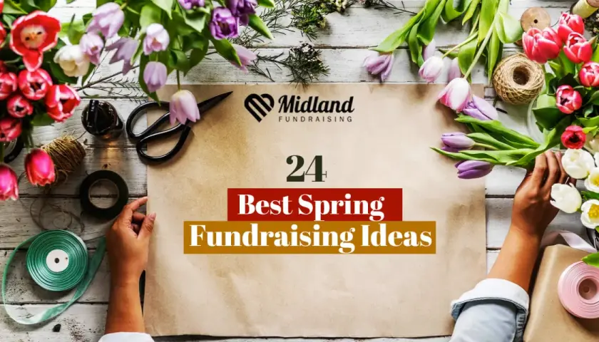 Hands arrange tulips and craft supplies, hinting at creative march fundraising ideas.