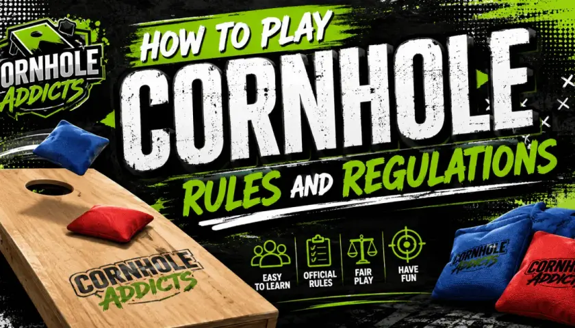 Learn how to run a cornhole tournament with rules and regulations. Image shows boards, bags, and icons for easy play.