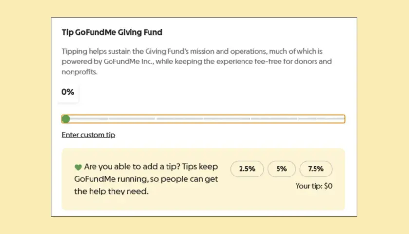 GoFundMe tipping interface showing 0% selected, with options to enter a custom tip or select pre-set percentages.