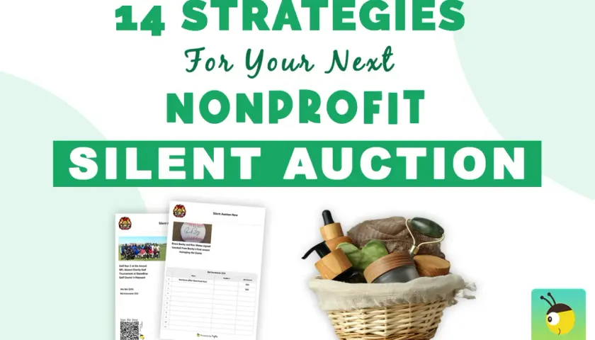 Strategies for your next nonprofit silent auction donation request, featuring auction sheets and a basket of spa items.