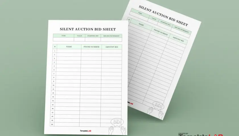 Two blank silent auction bid sheets are displayed, ready for participants to enter their bids.