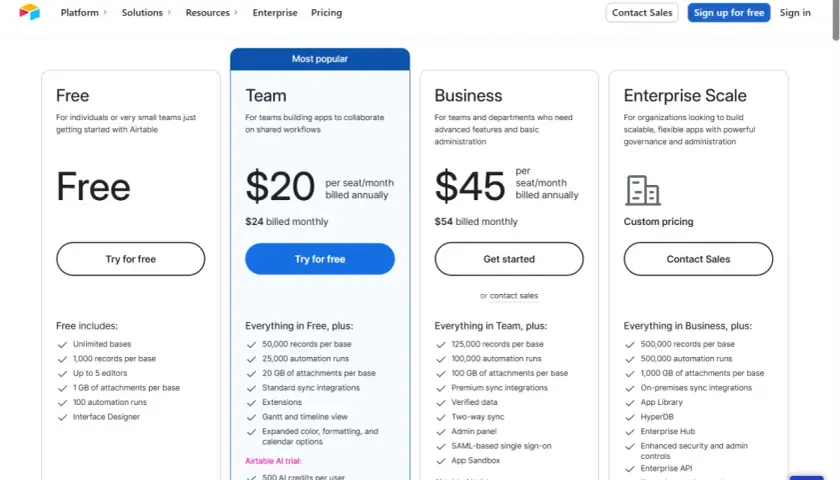 Airtable nonprofit pricing plans: Free, Team ($20/seat/month billed annually), Business ($45/seat/month billed annually), and Enterprise Scale.