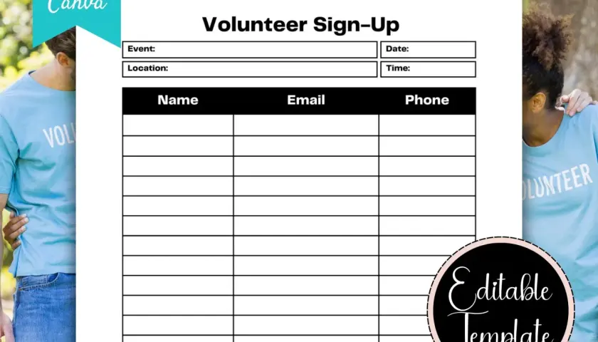 Volunteer sign up sheet template free, with fields for event, date, time, location, name, email, and phone. Editable in Canva.