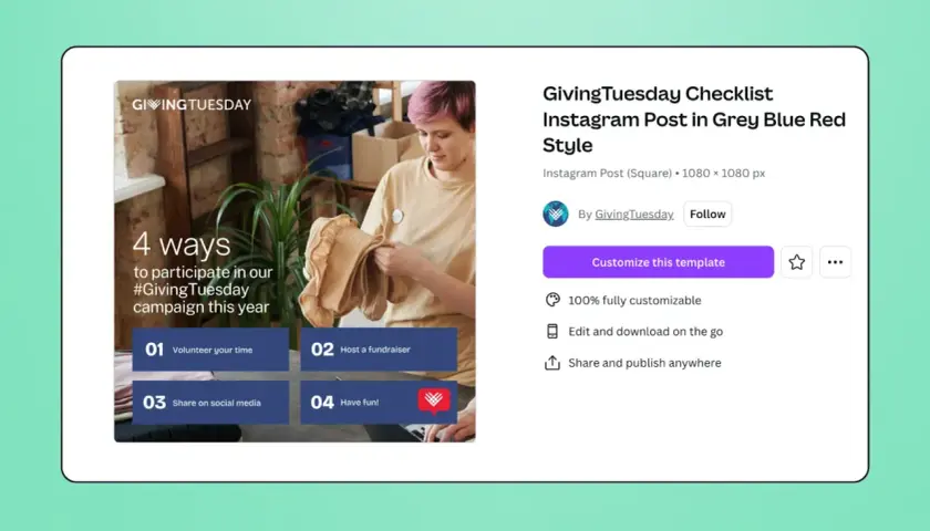 Giving Tuesday video template with 4 ways to participate: volunteer, fundraise, share, and have fun.