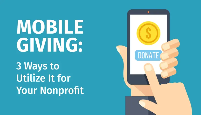Illustration of a hand holding a smartphone with a "Donate" button and coin icon, promoting mobile donations for nonprofits.
