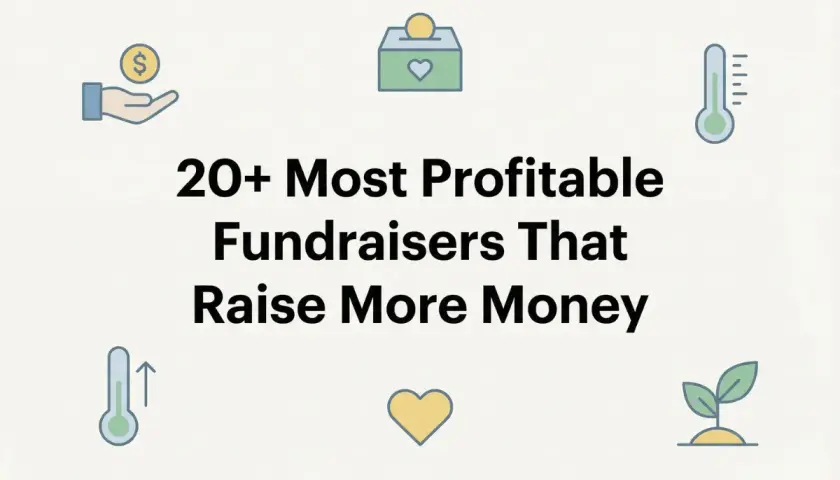 Discover the 20+ most profitable fundraisers that bring in the most money. Icons depict giving, donations, and growth.