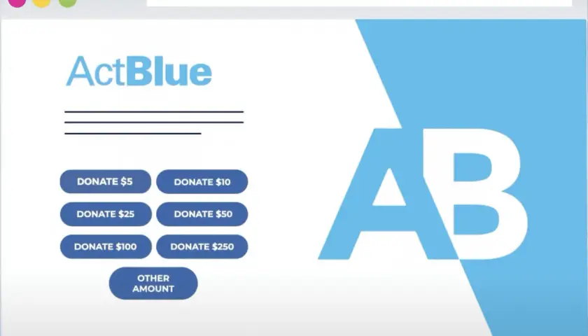 ActBlue donation page with preset amounts. The percentage ActBlue takes is not shown.